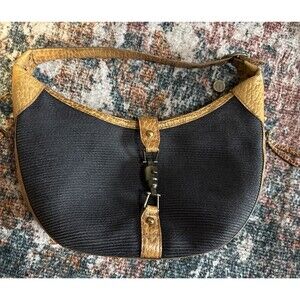 Eric Javits Women’s Purse Handbag Graphite W/Brown Leather Trim Gold Clasp Charm